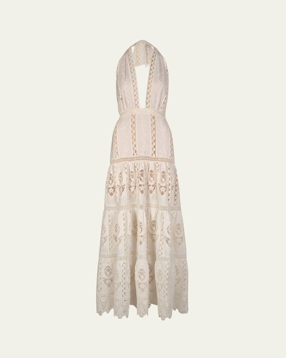 Luz Tropical Lace Plunging Halter Maxi Dress